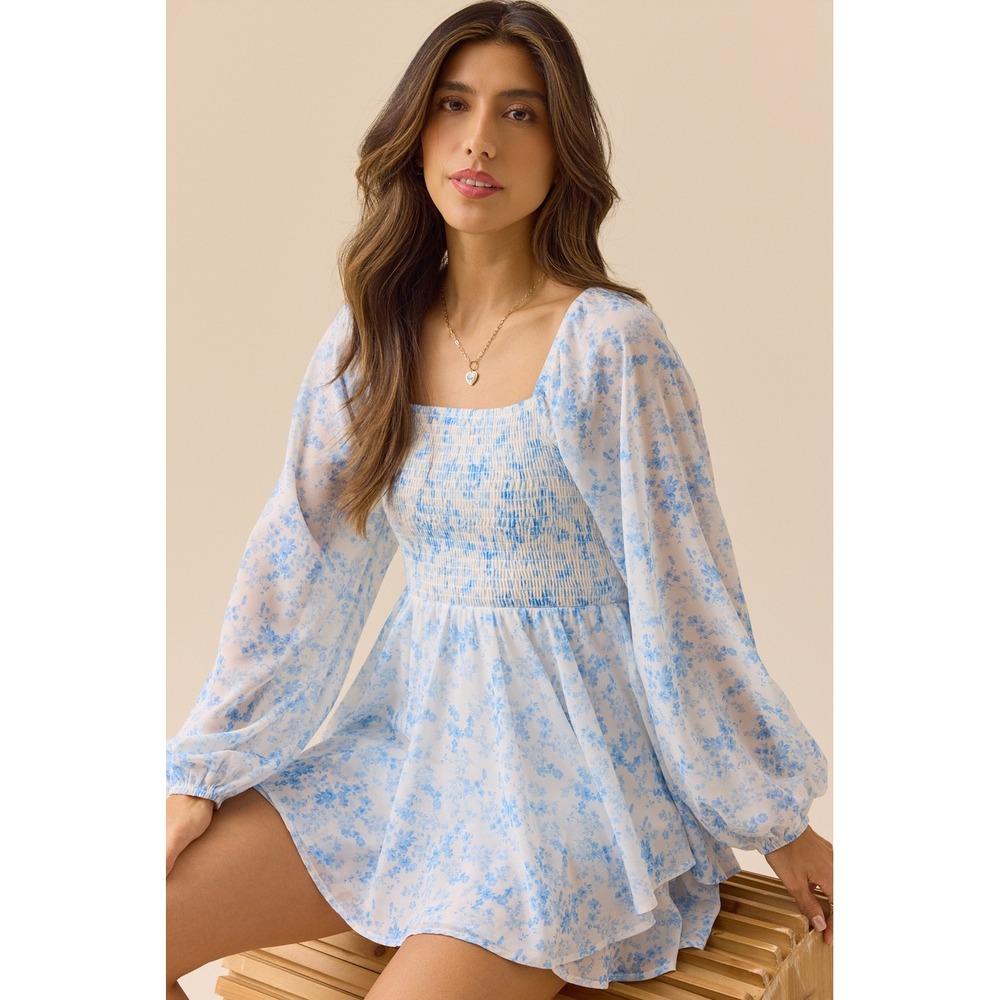 Altar'd‎ State Blue Ivory Floral Smocked Long Sleeve Romper Dress Size Small NWT